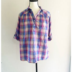 Roots Lightweight Cotton Plaid Shirt Size L blue & Pink Coastal Cowgirl Rodeo